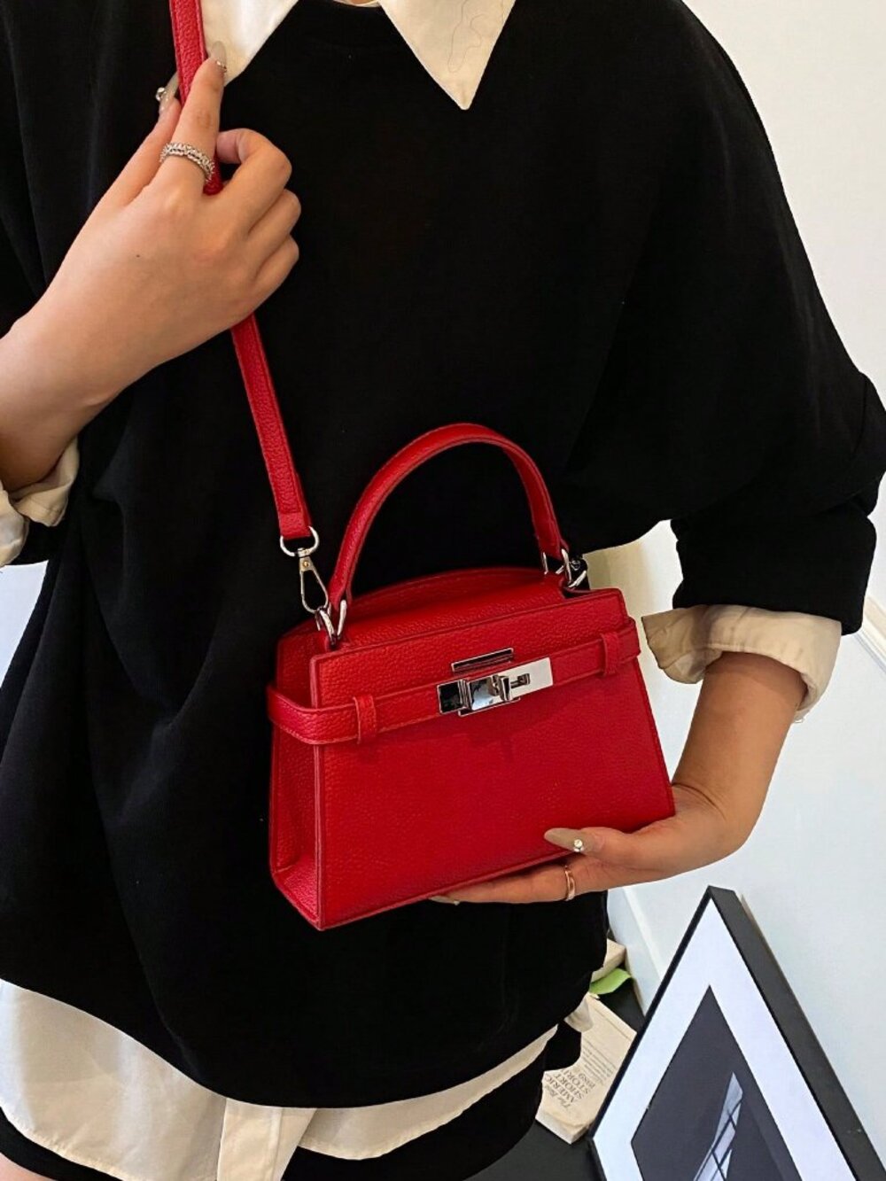 Red Modern Women's Handbag with Crossbody Shoulder Strap and Hardware Lock - Picture 2 of 5